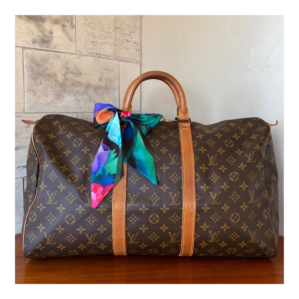 Louis Vuitton Brown Monogram Travel Bag with Colorful Scarf